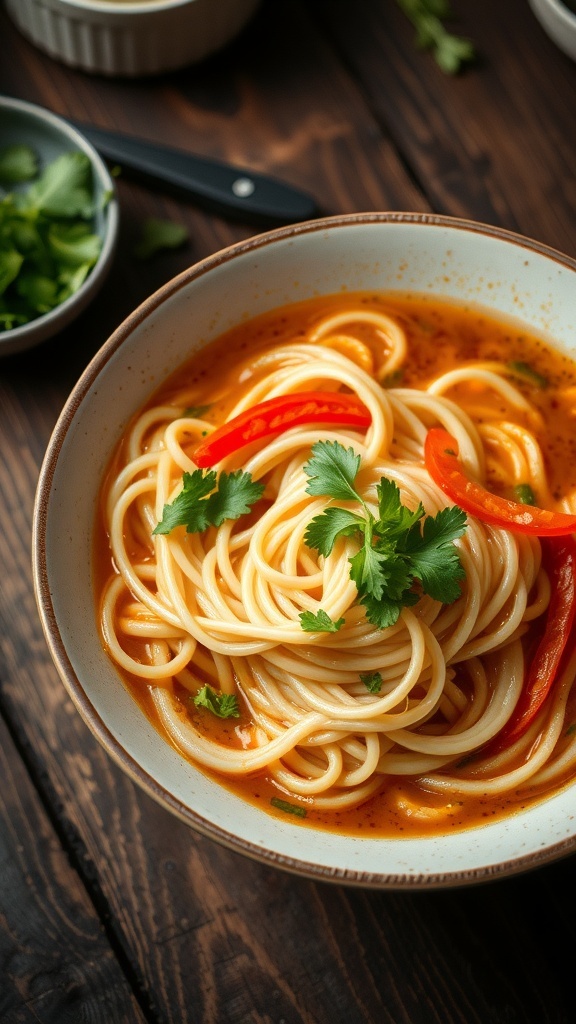 Inspirational Noodle Quotes A steaming bowl of noodles with herbs and vegetables on a wooden table.